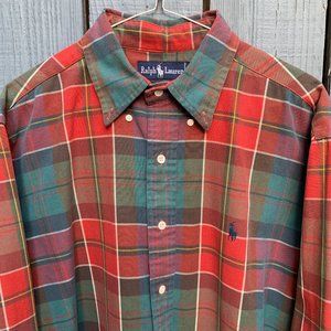 Polo Ralph Lauren Plaid Red Green Navy Blue Button Flannel Shirt Size L